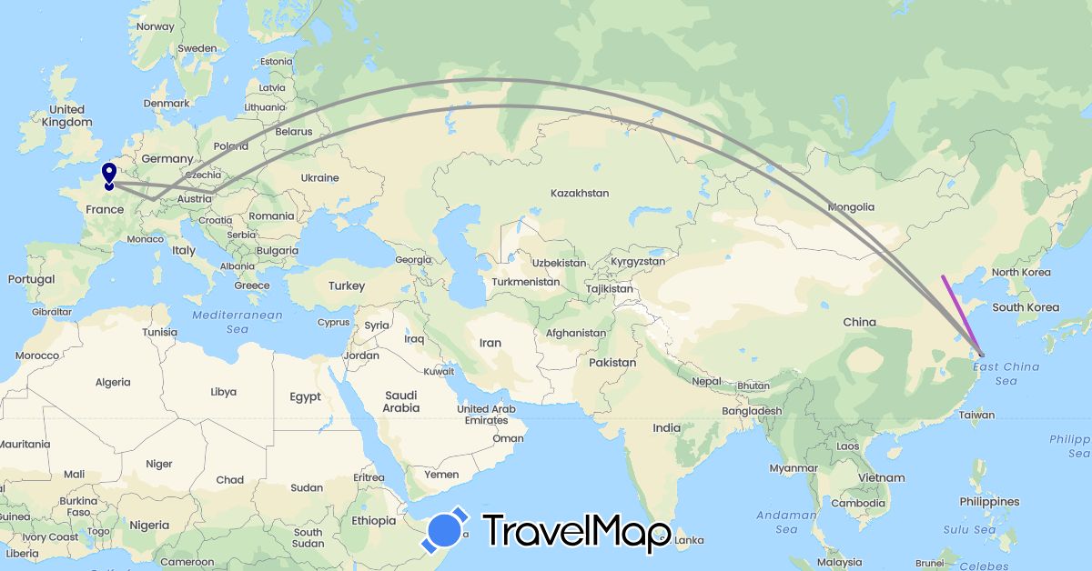 TravelMap itinerary: driving, plane, train in Austria, Switzerland, China, France (Asia, Europe)